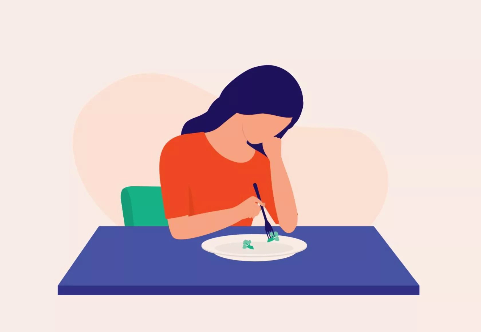 Illustration einer jungen Frau, die traurig vor einem fast leeren Teller sitzt.