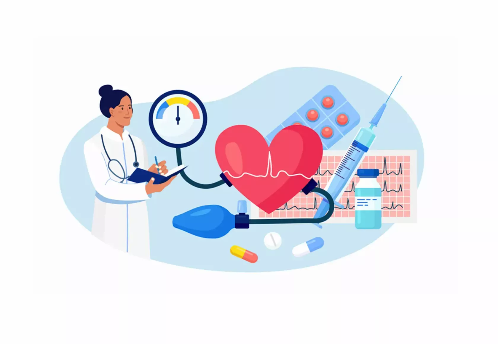 Illustration von einer Ärztin, die den Blutdruck und das Herz betreut.