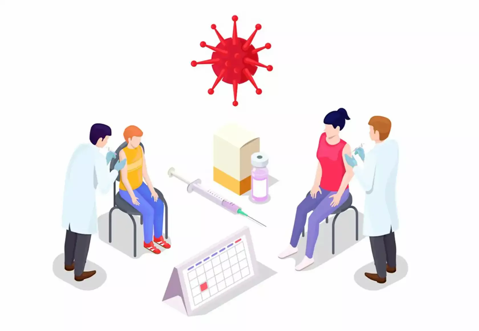Illustration von zwei Menschen beim Impfen, mit einem Virus und einem Kalender.