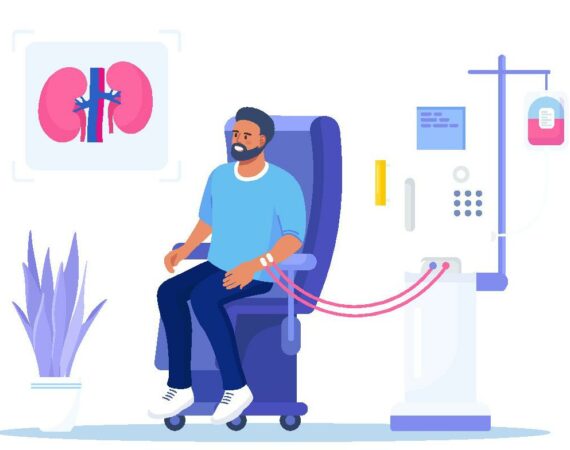 Illustration Mann sitzt auf Behandlungsstuhl für Dialyse