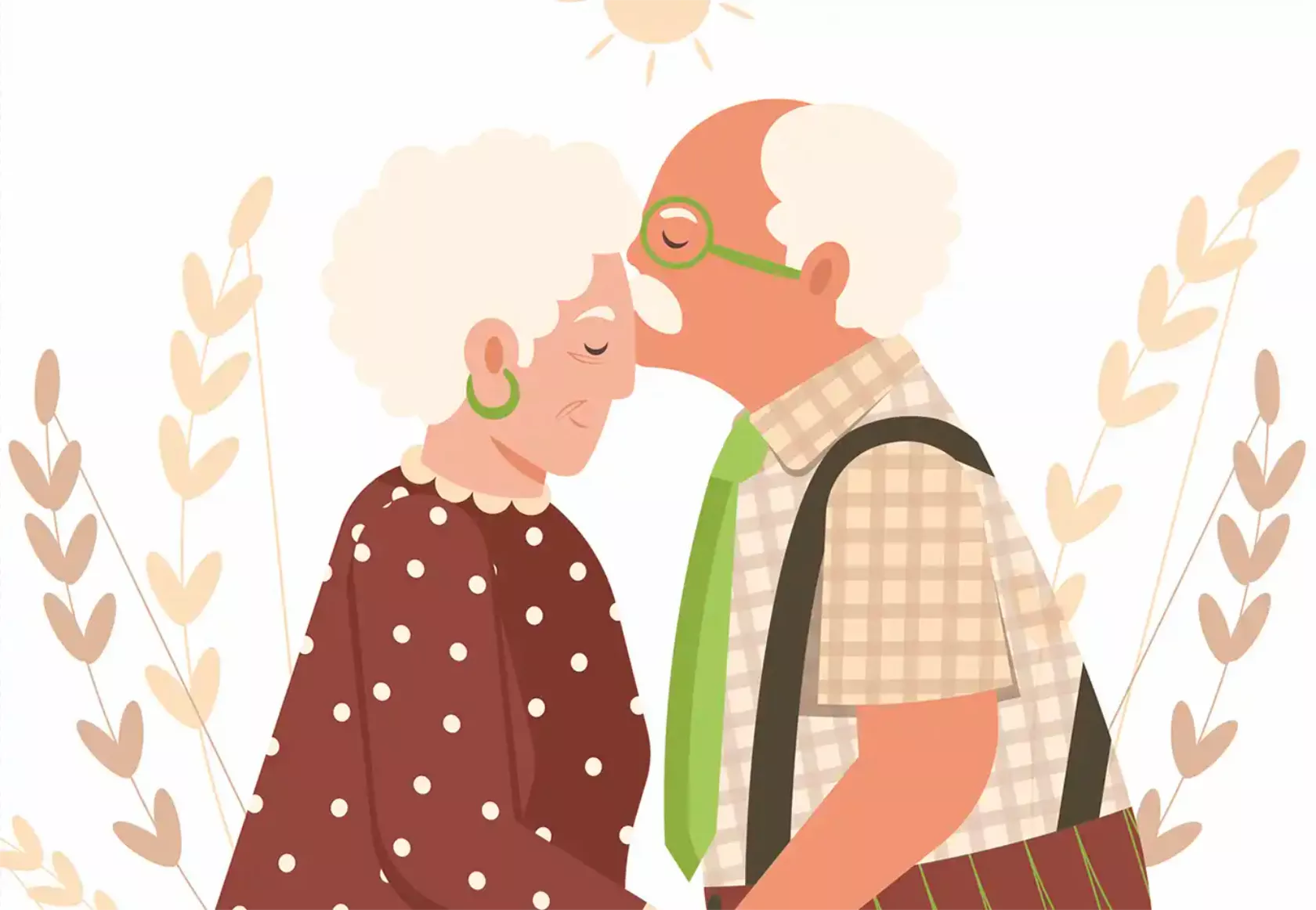 Illustration: Alter Mann küsst seine geliebte alte Frau auf die Stirn.