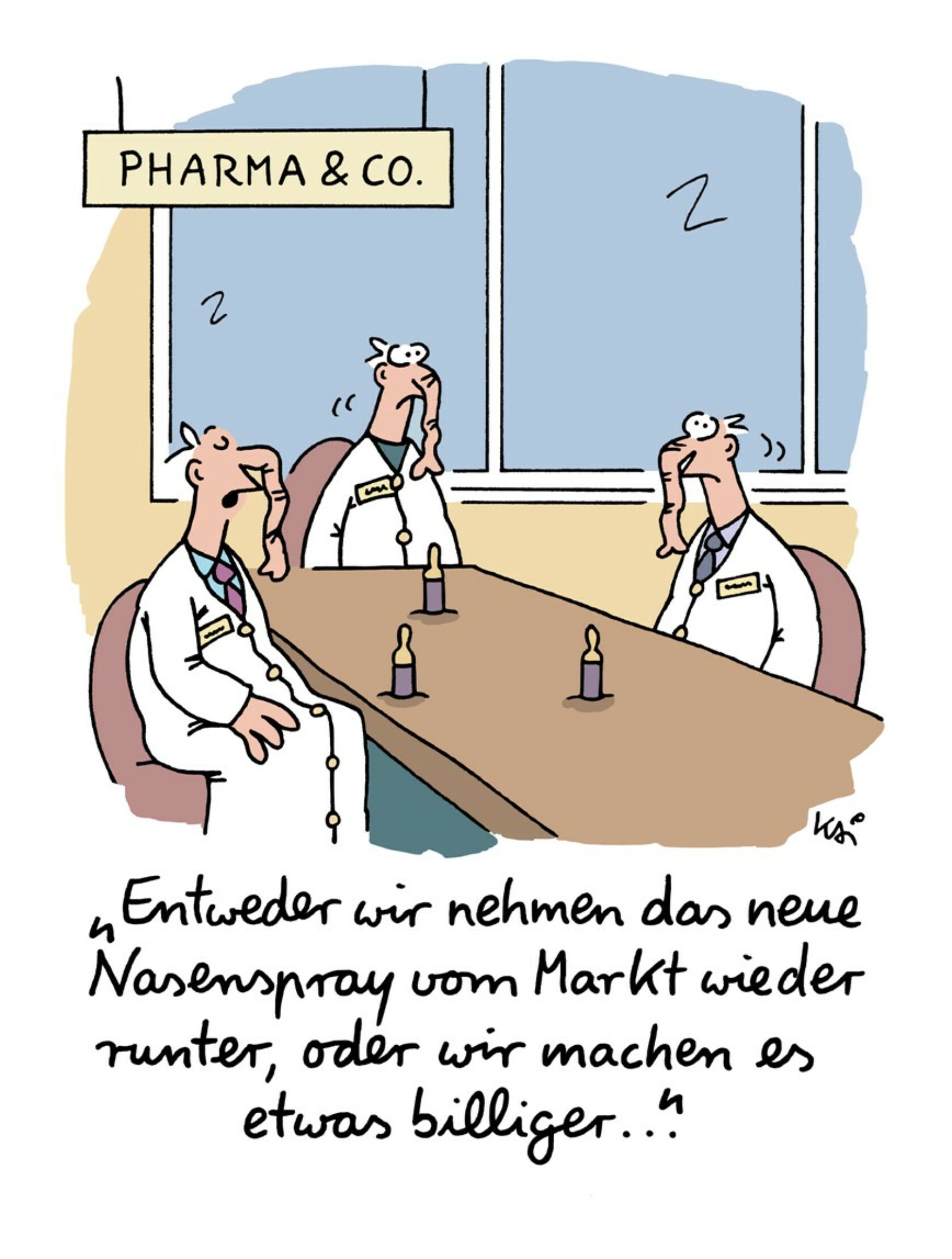 Cartoon von drei Medizinern in der Pharmaindustrie